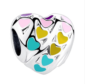 Rainbow Color Enamel Silver Heart Bead