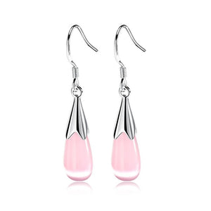 Elegant Pink&White Water Drop Natural Cat's Eye Crystal Earrings