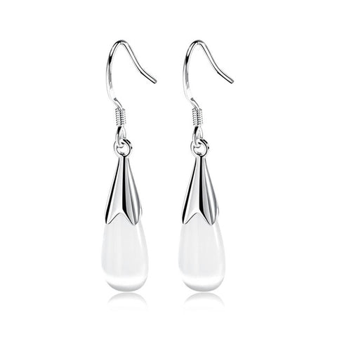 Image of Elegant Pink&White Water Drop Natural Cat's Eye Crystal Earrings