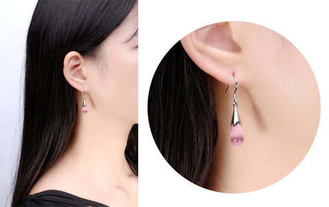 Image of Elegant Pink&White Water Drop Natural Cat's Eye Crystal Earrings