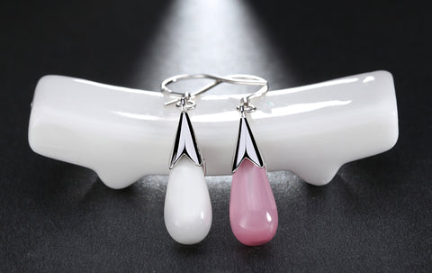 Image of Elegant Pink&White Water Drop Natural Cat's Eye Crystal Earrings