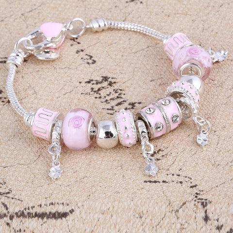 Image of Pink Crystal Charm Silver Bracelet