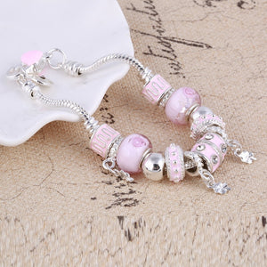 Pink Crystal Charm Silver Bracelet