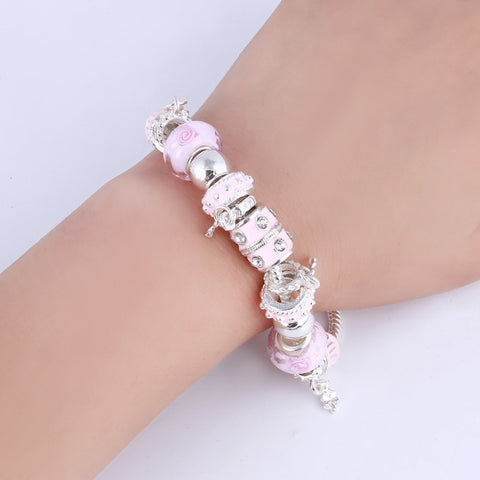 Image of Pink Crystal Charm Silver Bracelet