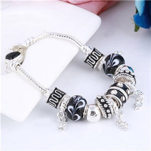 Black and white Crystal Charm Silver Bracelet