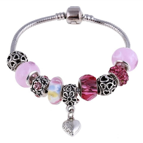 Image of White and Pink Crystal Charm Silver Bracelet