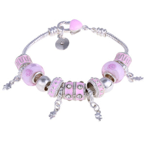 Pink Crystal Charm Silver Bracelet