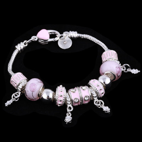 Image of Pink Crystal Charm Silver Bracelet