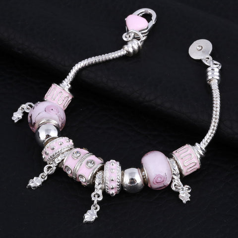 Image of Pink Crystal Charm Silver Bracelet