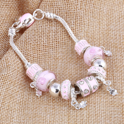 Image of Pink Crystal Charm Silver Bracelet