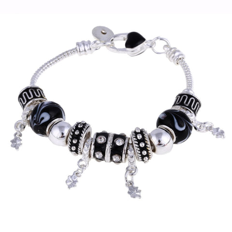 Image of Black and white Crystal Charm Silver Bracelet