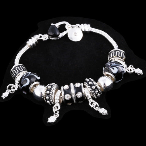 Image of Black and white Crystal Charm Silver Bracelet