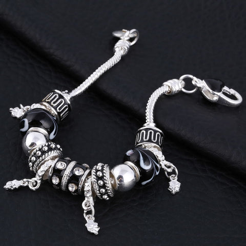 Image of Black and white Crystal Charm Silver Bracelet