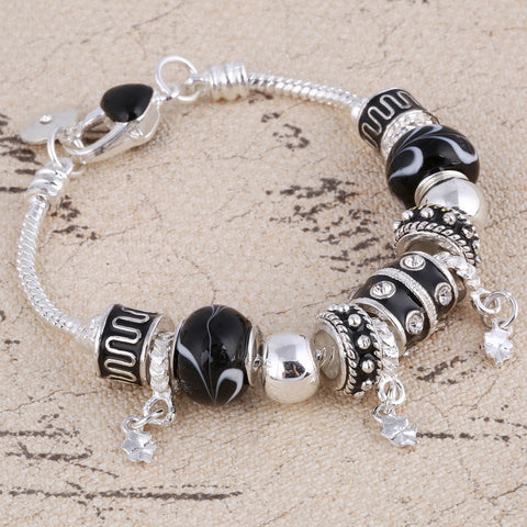 Image of Black and white Crystal Charm Silver Bracelet