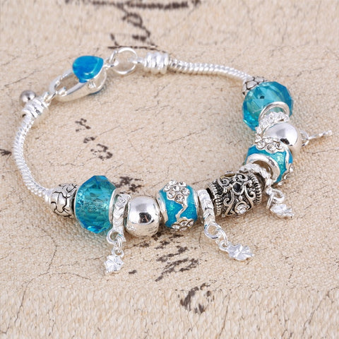 Image of Light Blue Crystal Charm Silver Bracelet