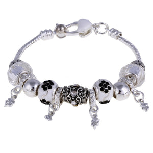 White and black Crystal Charm Silver Bracelet