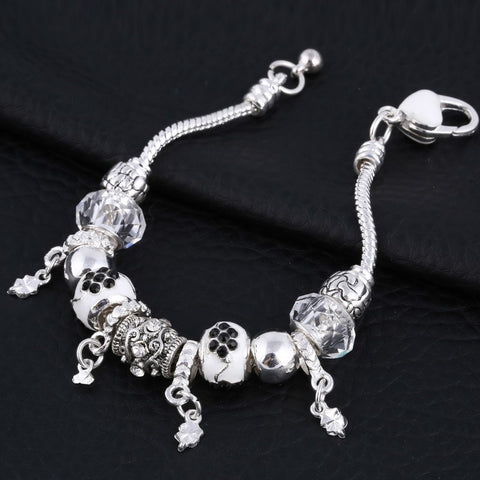 Image of White and black Crystal Charm Silver Bracelet