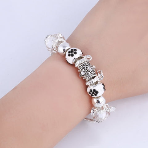 Image of White and black Crystal Charm Silver Bracelet