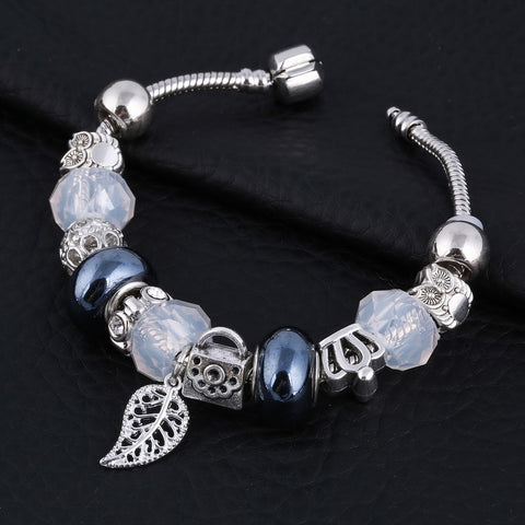 Image of Dark Mat Blue Crystal Charm Silver Bracelet