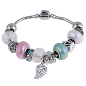 Pink Green Mat Crystal Charm Silver Bracelet