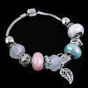 Pink Green Mat Crystal Charm Silver Bracelet