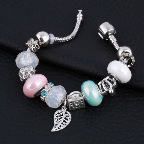 Image of Pink Green Mat Crystal Charm Silver Bracelet