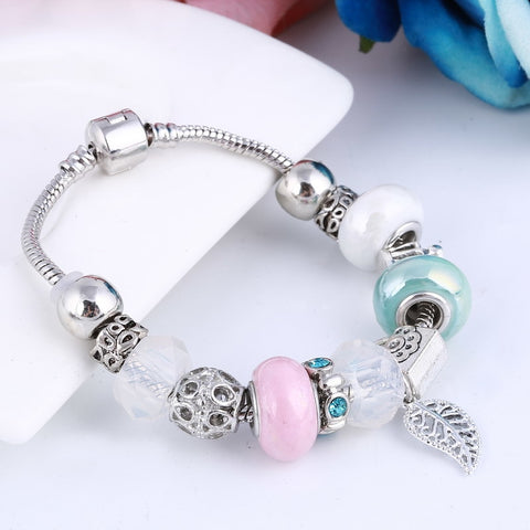 Image of Pink Green Mat Crystal Charm Silver Bracelet