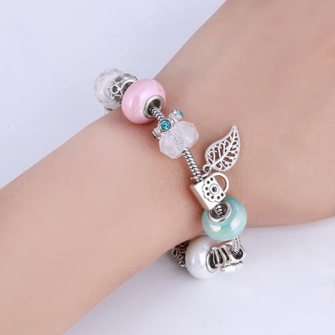 Image of Pink Green Mat Crystal Charm Silver Bracelet