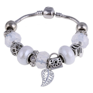 White Mat Crystal Charm Silver Bracelet