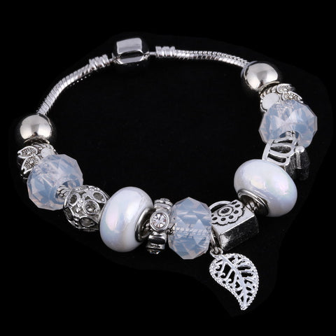 Image of White Mat Crystal Charm Silver Bracelet