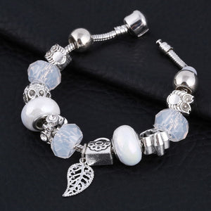 White Mat Crystal Charm Silver Bracelet