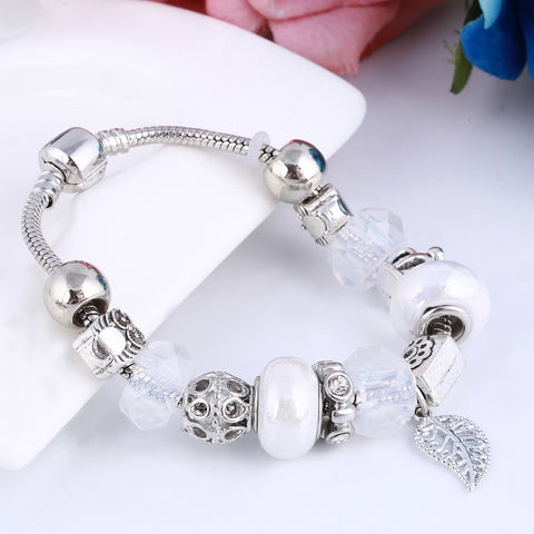 Image of White Mat Crystal Charm Silver Bracelet