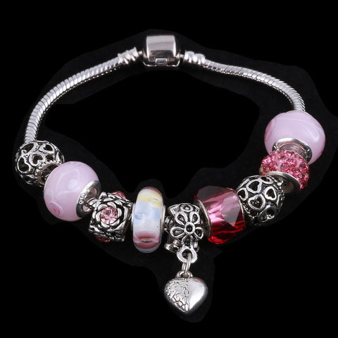 Image of White and Pink Crystal Charm Silver Bracelet