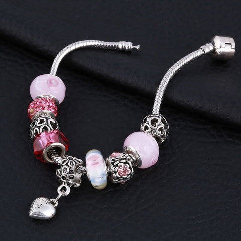 Image of White and Pink Crystal Charm Silver Bracelet