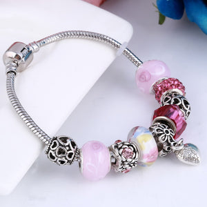 White and Pink Crystal Charm Silver Bracelet