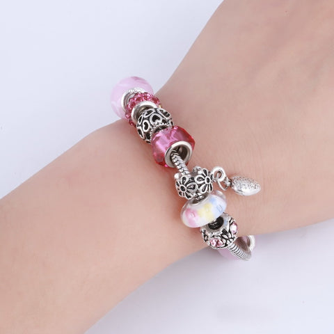 Image of White and Pink Crystal Charm Silver Bracelet