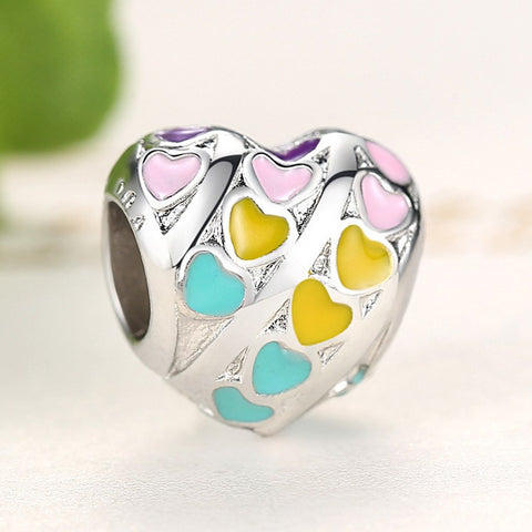 Image of Rainbow Color Enamel Silver Heart Bead