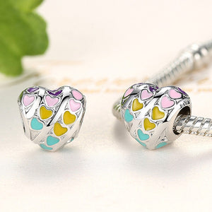 Rainbow Color Enamel Silver Heart Bead